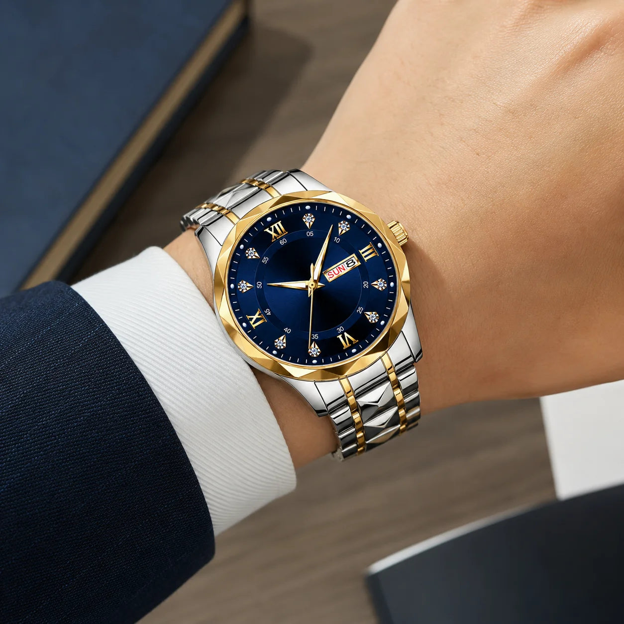 Luxury Men's Watch 10mm See-through Caseback Hollowed-out Design Dual-date Diamond-patterned Luminous Hands Pointer