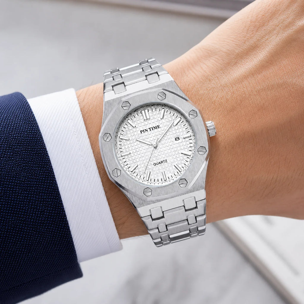 Mens Luxury Quartz Watch Drop Shipping; 41mm Octagonal Alloy Case Alloy Band; 30M Water Resistant Pointer Dial