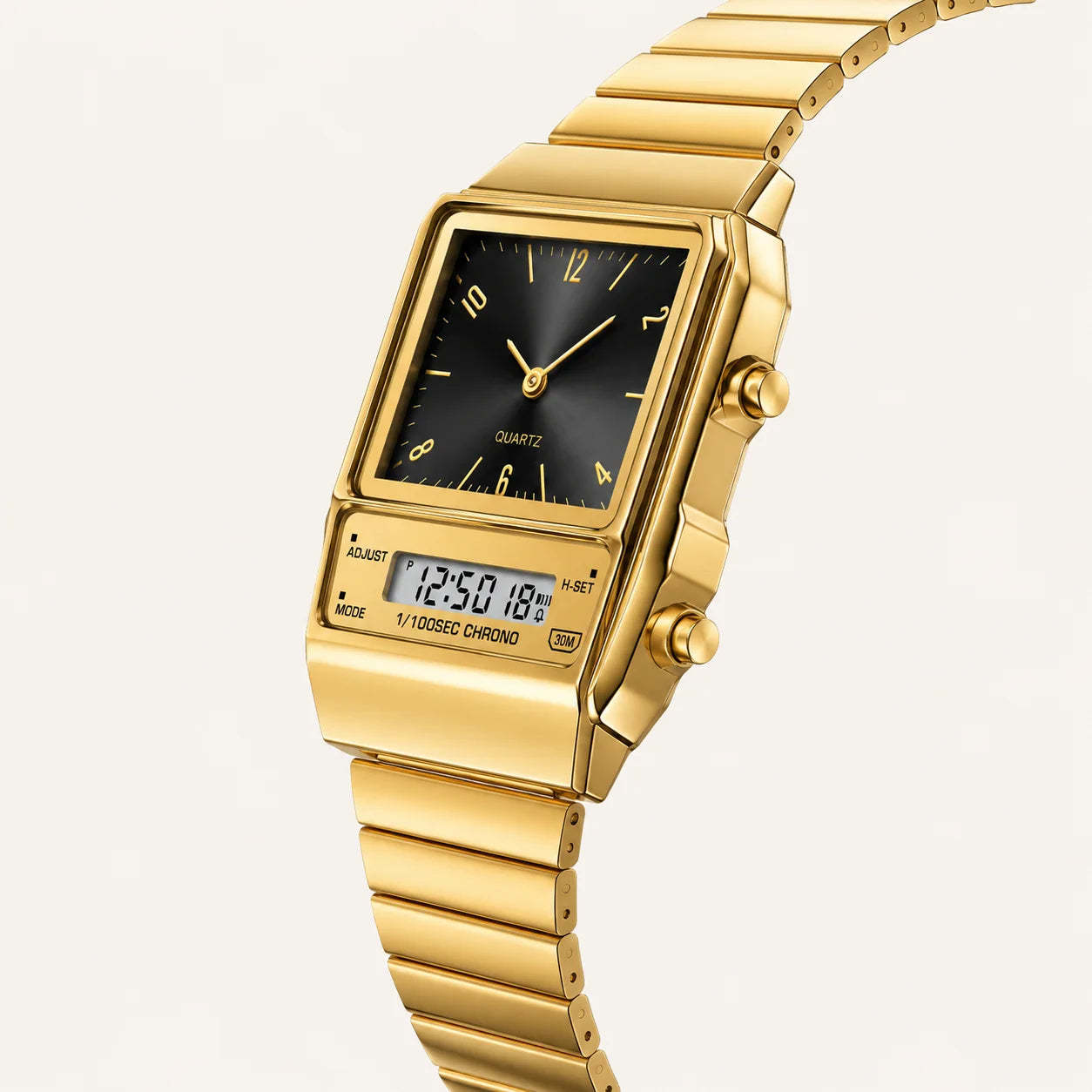 Classic Square Analog-Digital Watch Alarm Unisex Fashion Multi-Color Dial Zinc Alloy Case Stainless Steel 3BAR Water Resistant