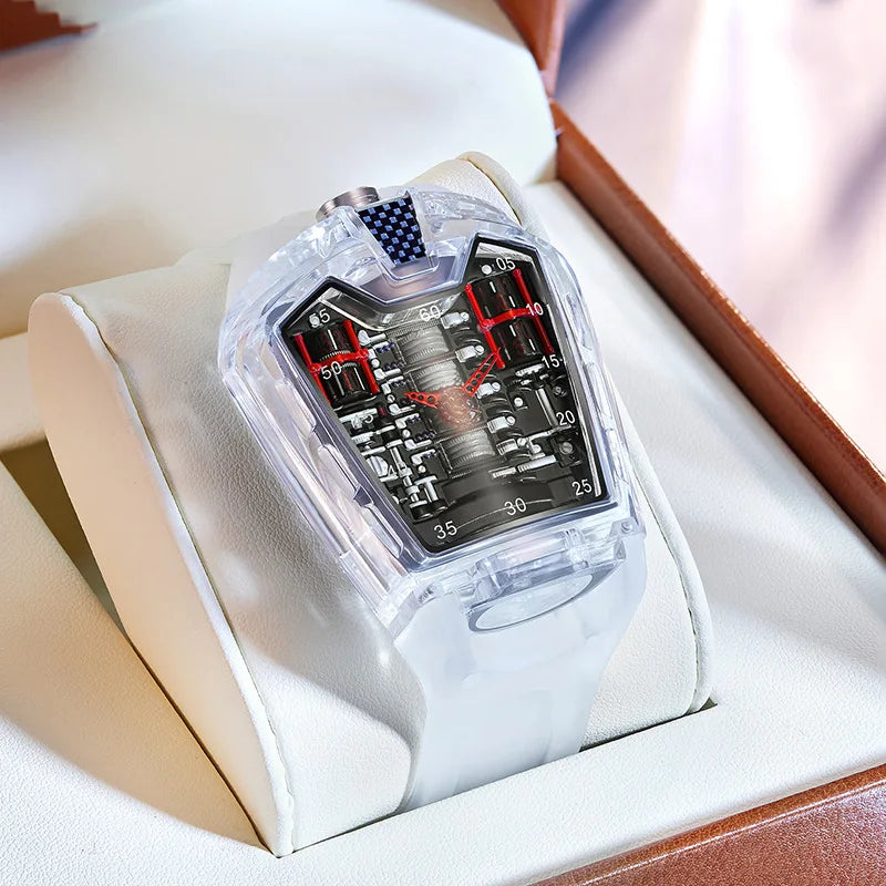 Transparent Men's Sport Watch 45mm Mineral-Strengthened Glass Silicone Band Quartz Movement Elegance Daily Use Business Acrylic