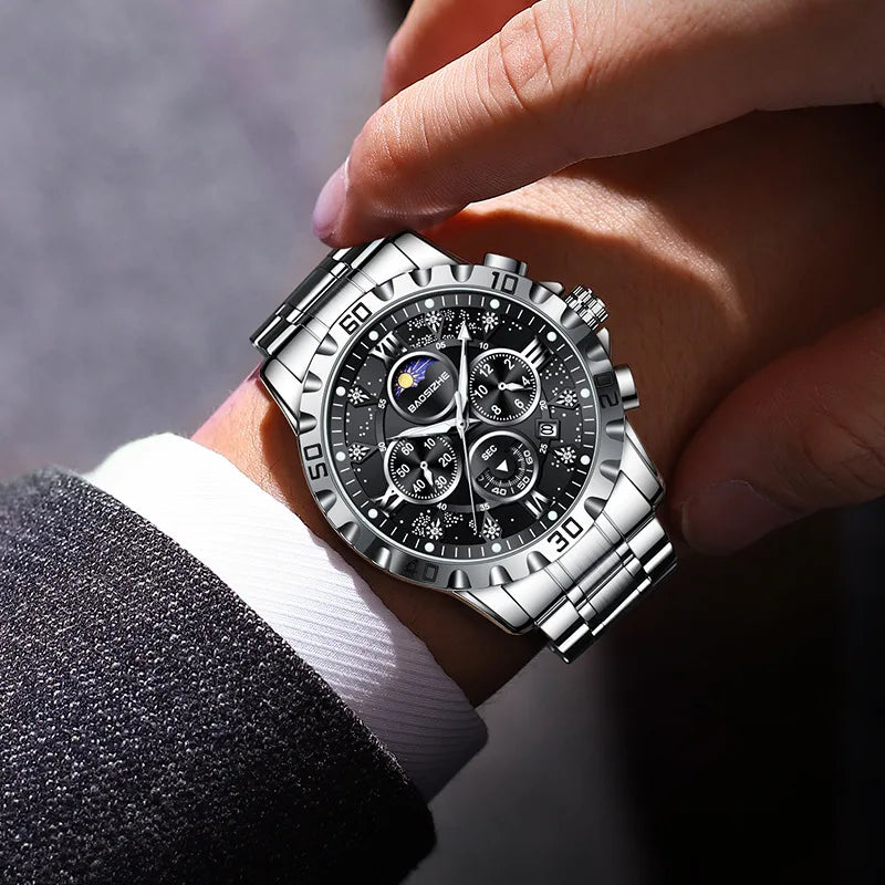 Men's Quartz Chronograph Stainless Steel Band Waterproof 30M Business-Style Wristwatch for International Trade