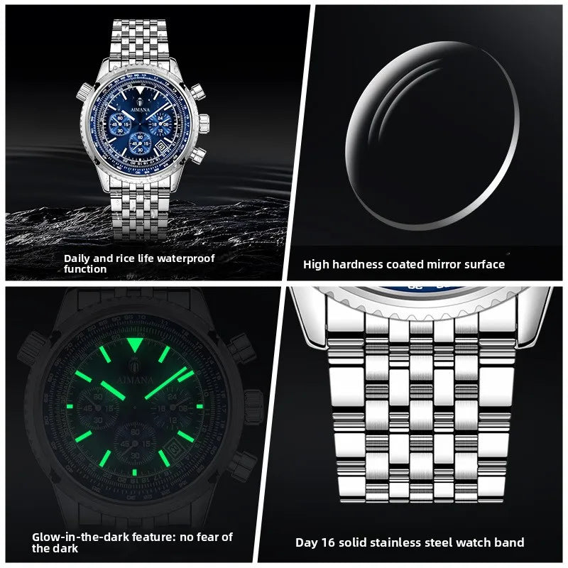 Brand Trendy Fashion Mens Watch Three-Hole Six-Hand Quartz Chronograph Multifunctional Business Waterproof Luminous Calendar Box