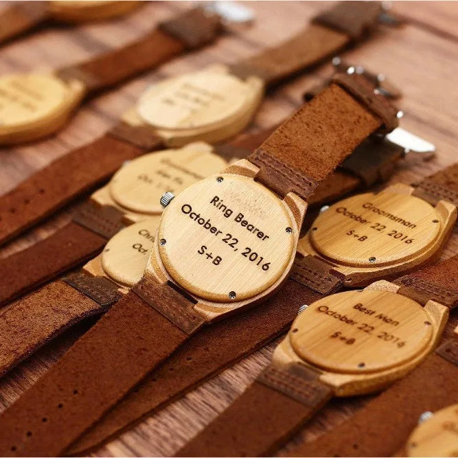 Quartz Mens Watch Custom-pattern Genuine Leather Strap Leisure Bamboo Accents 45mm Pointer Japan MIYOTA Movement Waterproof