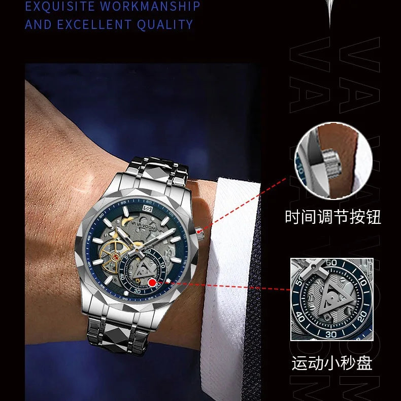 Men's Business Quartz Hollow Alloy Case Stainless Steel Strap Watch with Pointer Dial 30M Water Resistant 41mm Dial