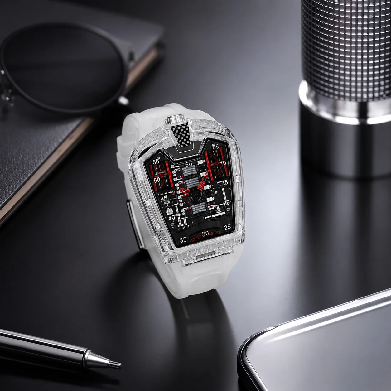 Transparent Men's Sport Watch 45mm Mineral-Strengthened Glass Silicone Band Quartz Movement Elegance Daily Use Business Acrylic