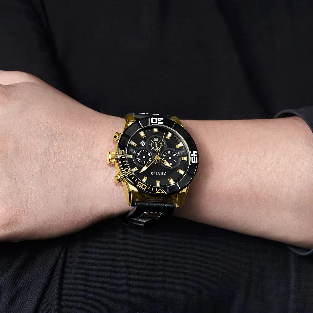 Cross-border Hot Selling Men's Sport Rotatable Diving Circle Multifunctional Chronograph Pointer Alloy Quartz Leather Waterproof