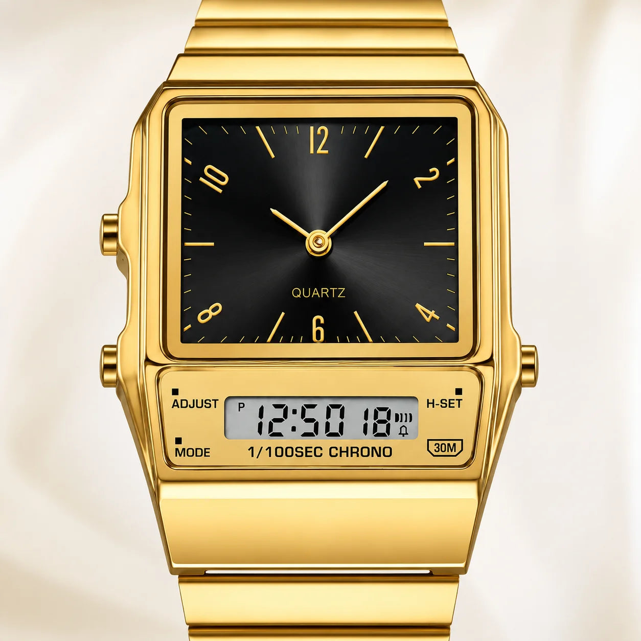 Classic Square Analog-Digital Watch Alarm Unisex Fashion Multi-Color Dial Zinc Alloy Case Stainless Steel 3BAR Water Resistant