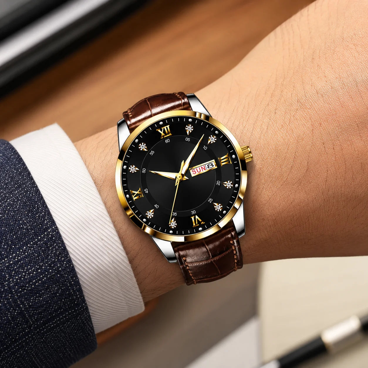New Luxury Waterproof Luminous Double Calendar Analog Pointer Men's Alloy Leather Band Ultra-thin Quartz Watch Sapphire Crystal
