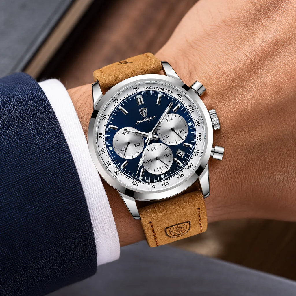 Brand New Men's Quartz Wristwatch Alloy 41mm Leather Strap Chronograph Pointer Dial 50m Water Resistant
