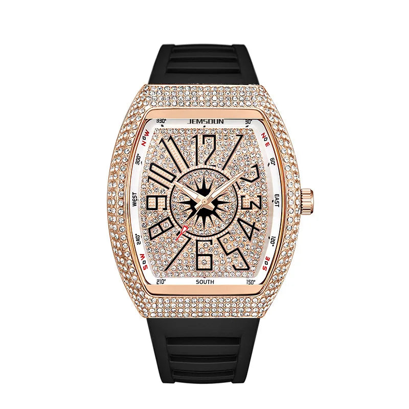 Cross-Border Best-Selling Men's Diamond-Inlaid Silicone Strap Barrel-Shaped Quartz Watch Vintage-Style Fashionable Pointer
