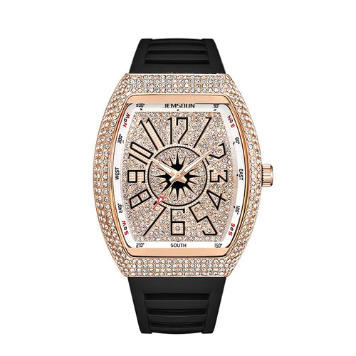 Cross-Border Best-Selling Men's Diamond-Inlaid Silicone Strap Barrel-Shaped Quartz Watch Vintage-Style Fashionable Pointer