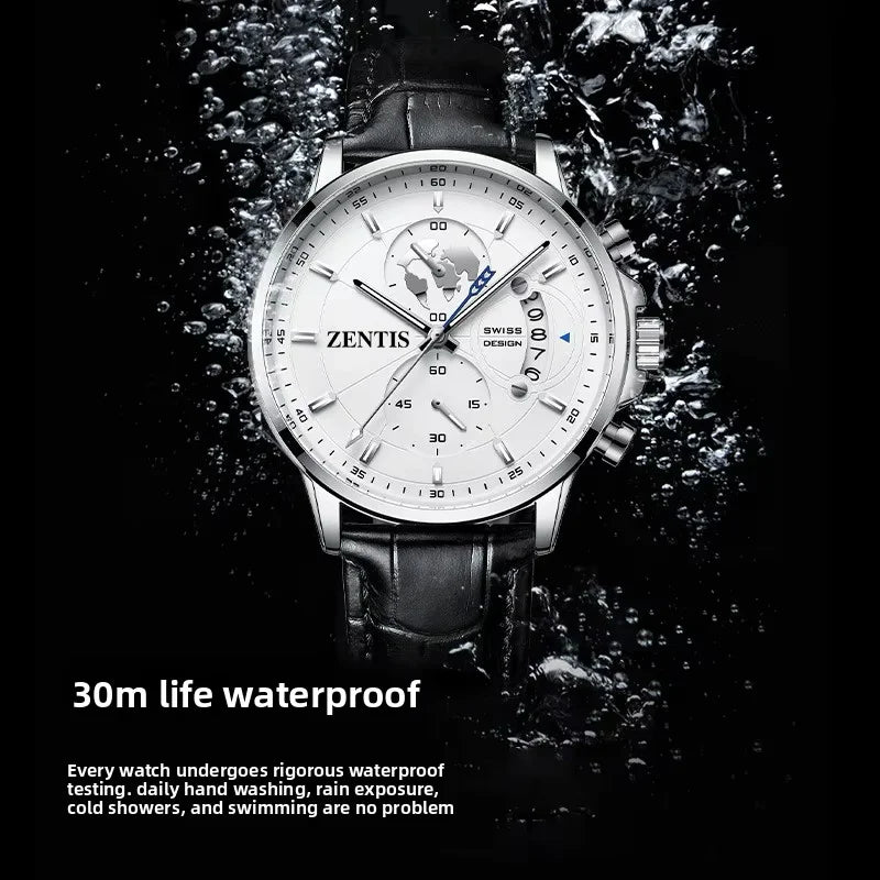 New Fashion Business Three-Hand Chronograph Alloy Quartz Leather Luminous Watch Leather Band Stylish Mens