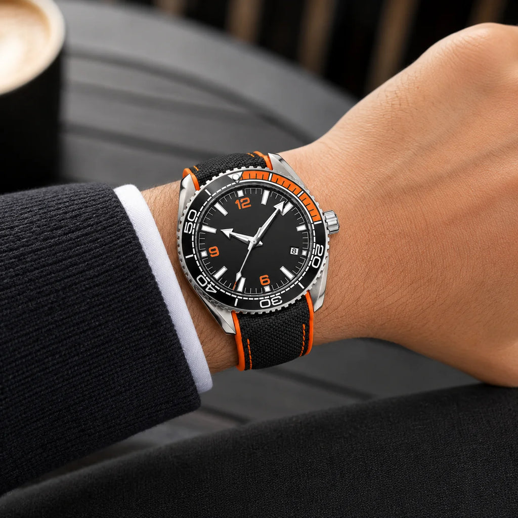 Hippocampus-Style Men's Quartz Watch Dial 45mm 30M Water Resistant Calendar Luminous Hands Nylon Band Hidden Clasp Pointer