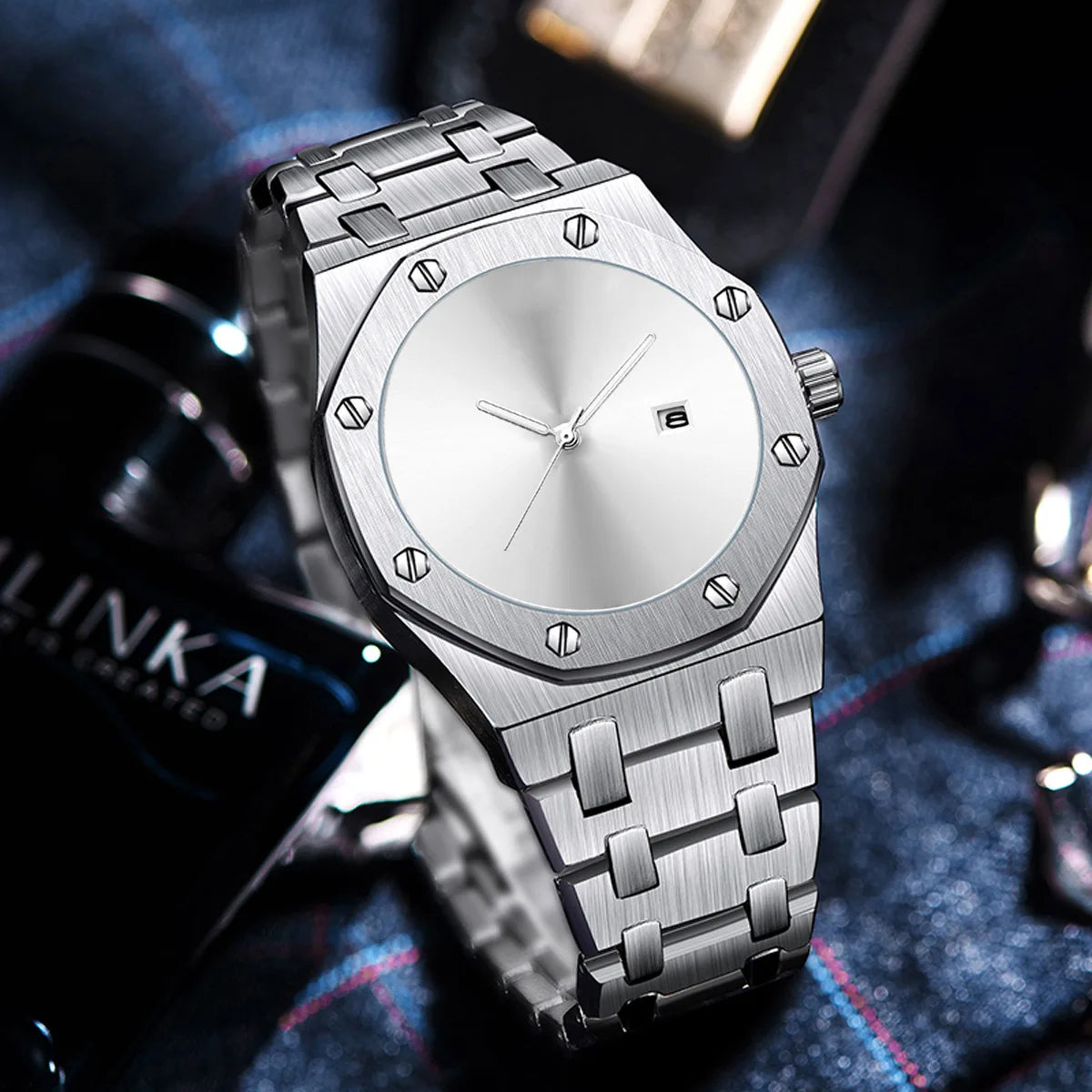 Men's Watch Business Style Quartz Movement Waterproof 30M Alloy Band Octagonal Case 45mm Pointer Tide Black Cool Personality