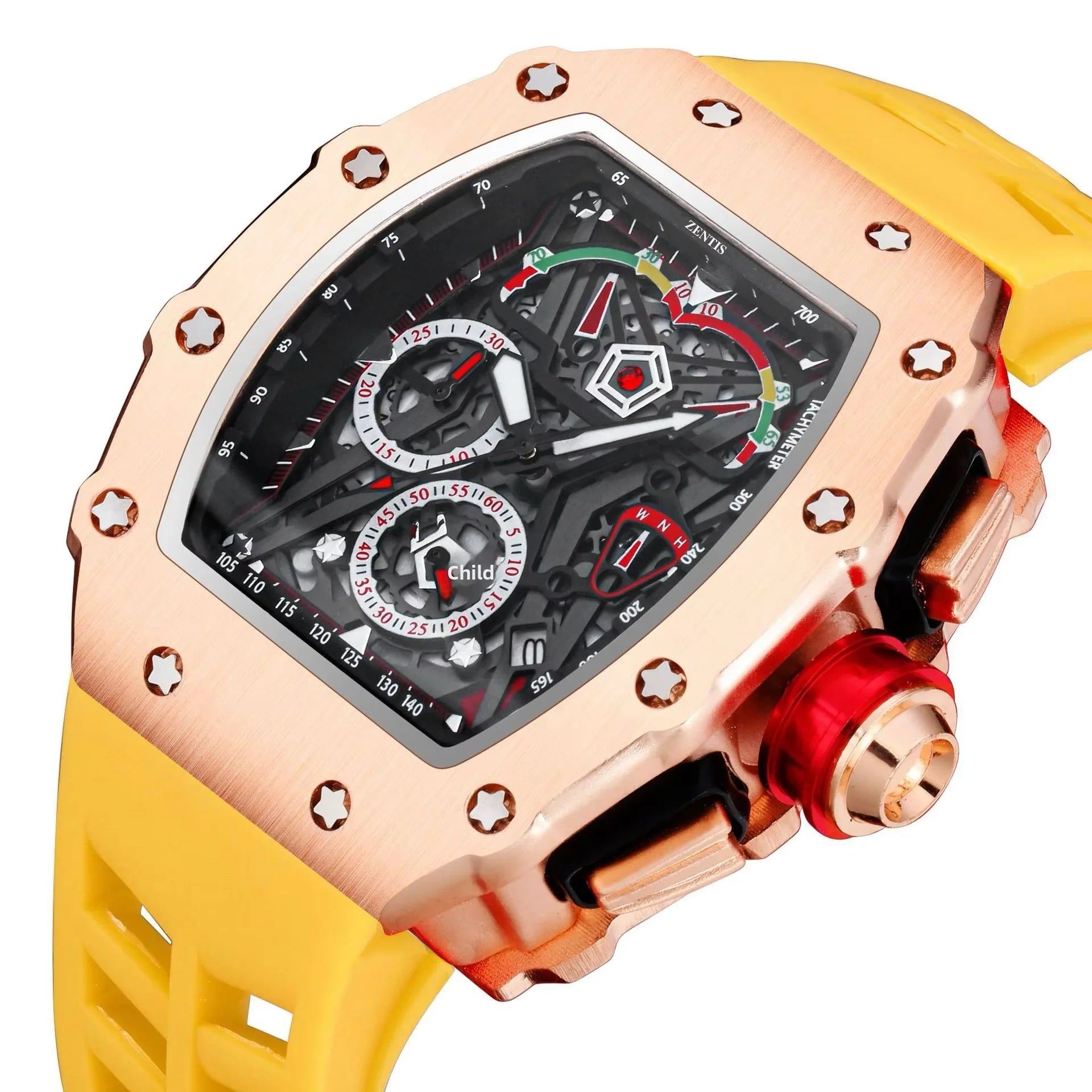 Men's Quartz Waterproof Rectangle Watch Alloy Case Silicone Band Pointer Dial Three Eyes Design