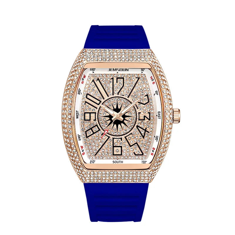 Cross-Border Best-Selling Men's Diamond-Inlaid Silicone Strap Barrel-Shaped Quartz Watch Vintage-Style Fashionable Pointer