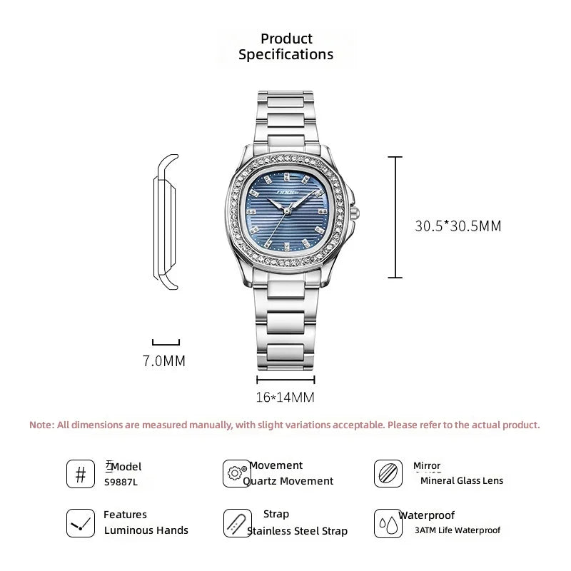 Women's Alloy Stainless Steel Band Square Watch High-value 30M Water Resistant Retro Luminous Pointer Quartz Movement Business