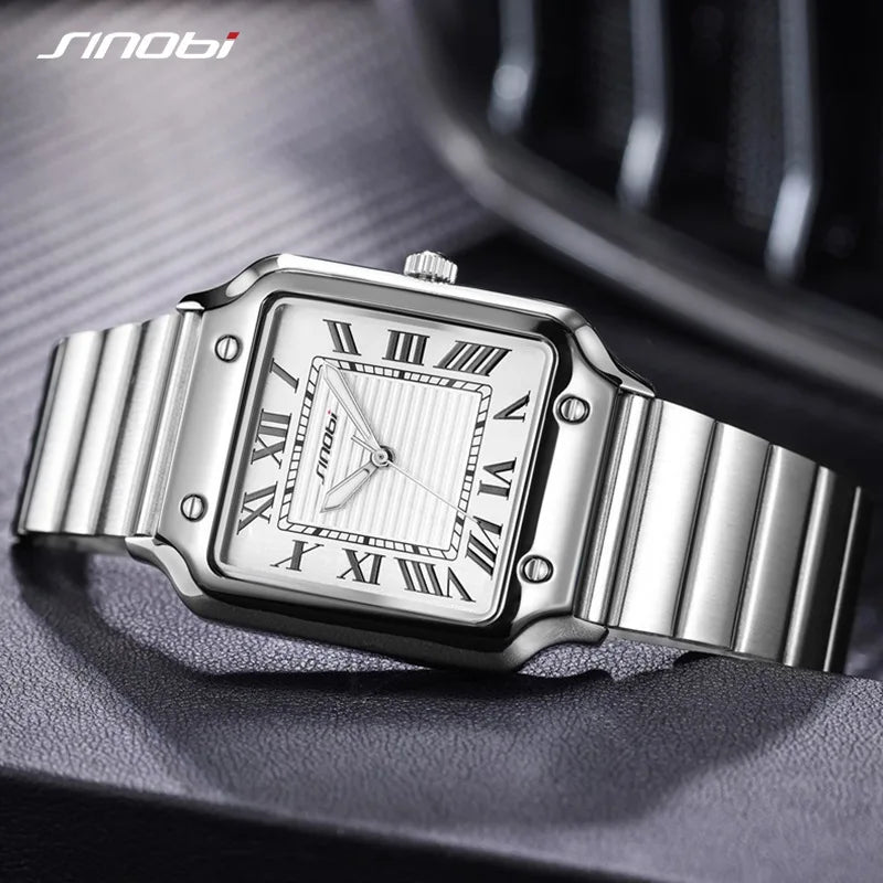 Foreign Trade Men's Stainless Steel Alloy Square Quartz Watch 30M Water Resistant Business Style Pointer Dial S9983G Wholesale