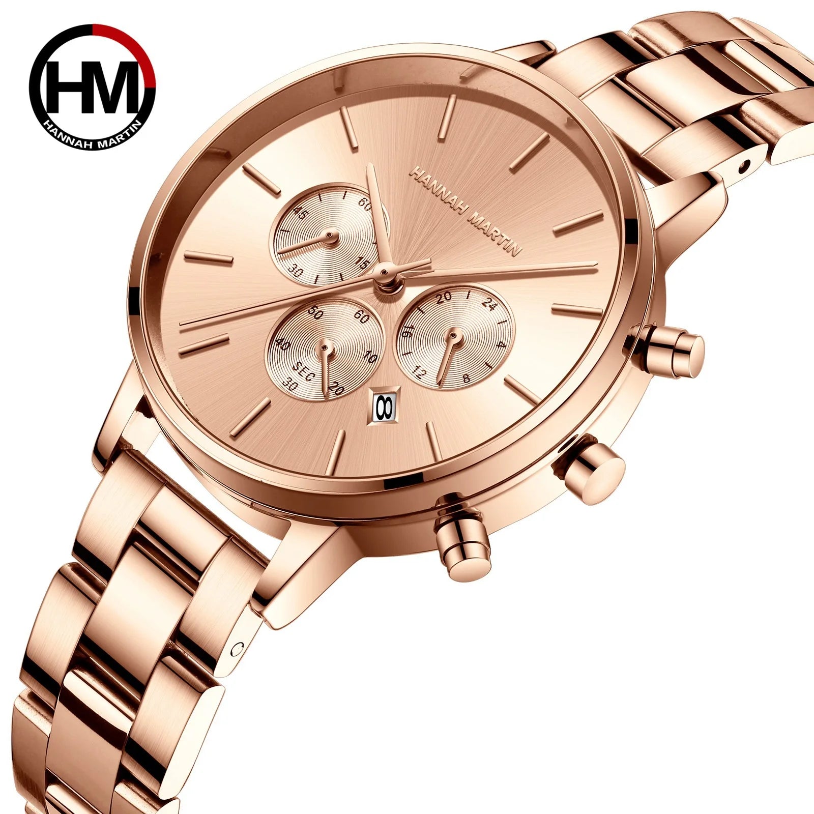 Three-Eye Six-Hand Chronograph Calendar Quartz Watch Alloy Case Stainless Steel Band 38mm Sapphire Crystal Waterproof Rose Gold