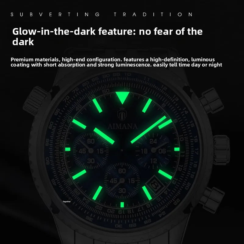 Brand Trendy Fashion Mens Watch Three-Hole Six-Hand Quartz Chronograph Multifunctional Business Waterproof Luminous Calendar Box