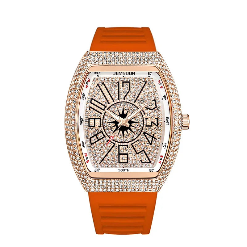 Cross-Border Best-Selling Men's Diamond-Inlaid Silicone Strap Barrel-Shaped Quartz Watch Vintage-Style Fashionable Pointer