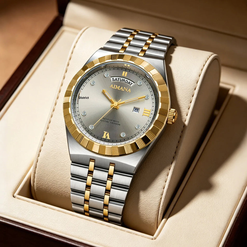 Luxury Men's Quartz Watch 40mm Pointer Dial Stainless Steel Band Acrylic Case Mineral-Strengthened Glass 30M Water Resistant Box
