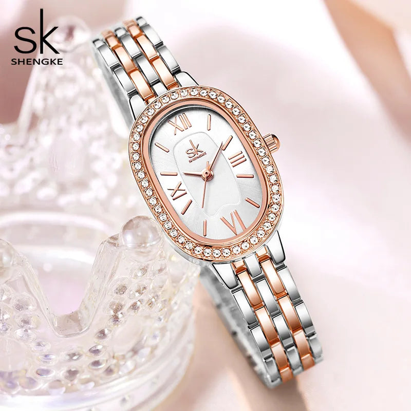 Women's Fashion Oval Alloy Waterproof Diamond-encrusted Quartz Watch with Pointer Dial