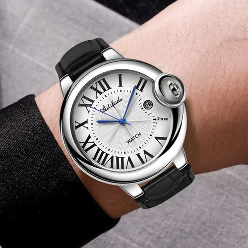 Classic Balloon-Shape Quartz Watch for Men; Alloy Case PU Band; 40mm Dial; Pointer 30M Water-Resistant; Week Business Style
