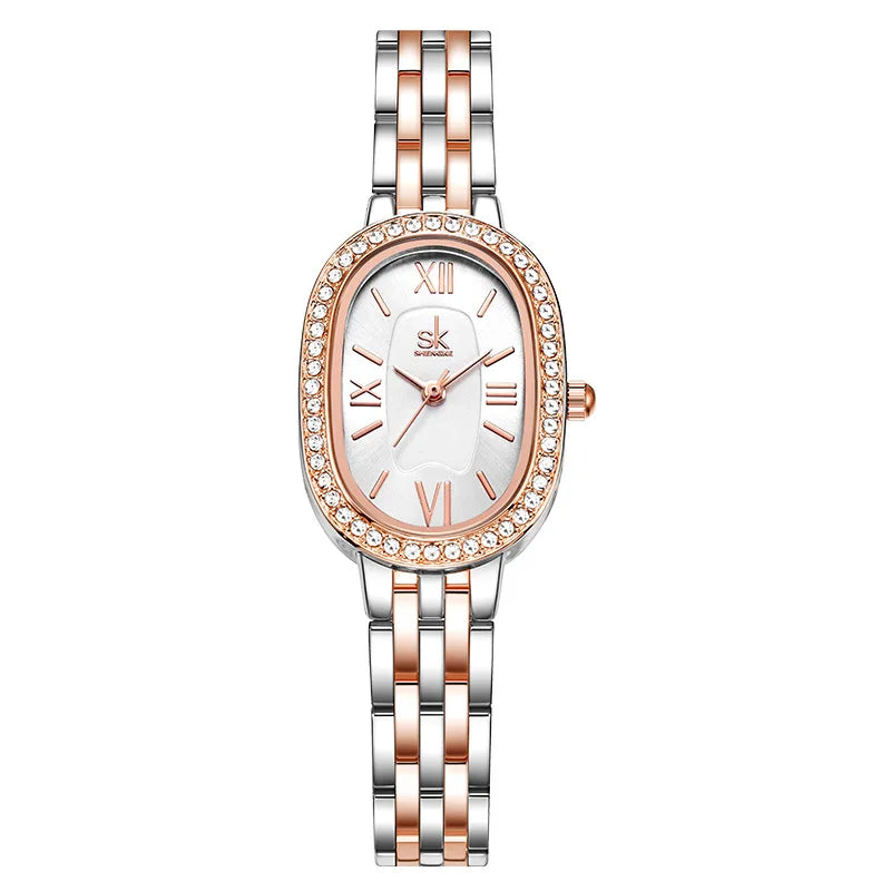 Women's Fashion Oval Alloy Waterproof Diamond-encrusted Quartz Watch with Pointer Dial