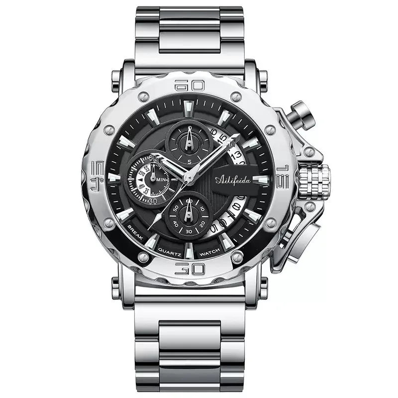 Cross-border Foreign Trade Men's Heart Stainless Steel Quartz Watch Pointer 47mm Multifunctional Luminous 30M Water Resistant