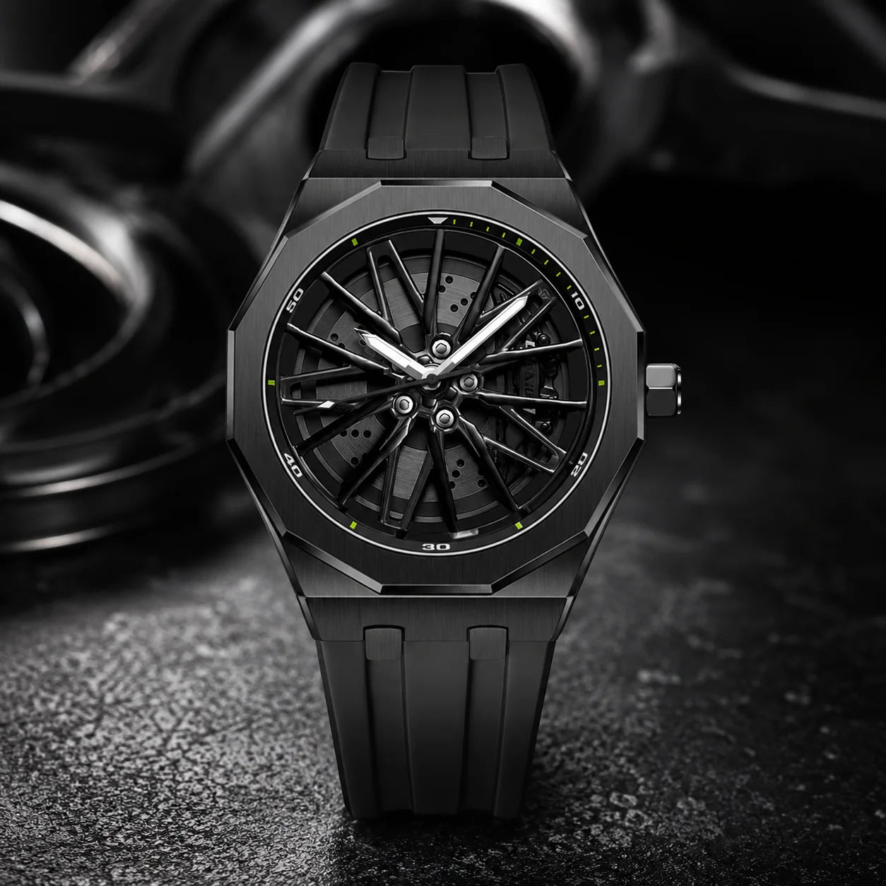 Hub-Style Rotating Quartz Rubber Band 47mm Pointer Dial Stainless Steel Case 30M Water Resistant Simple Men's Fashion Watch