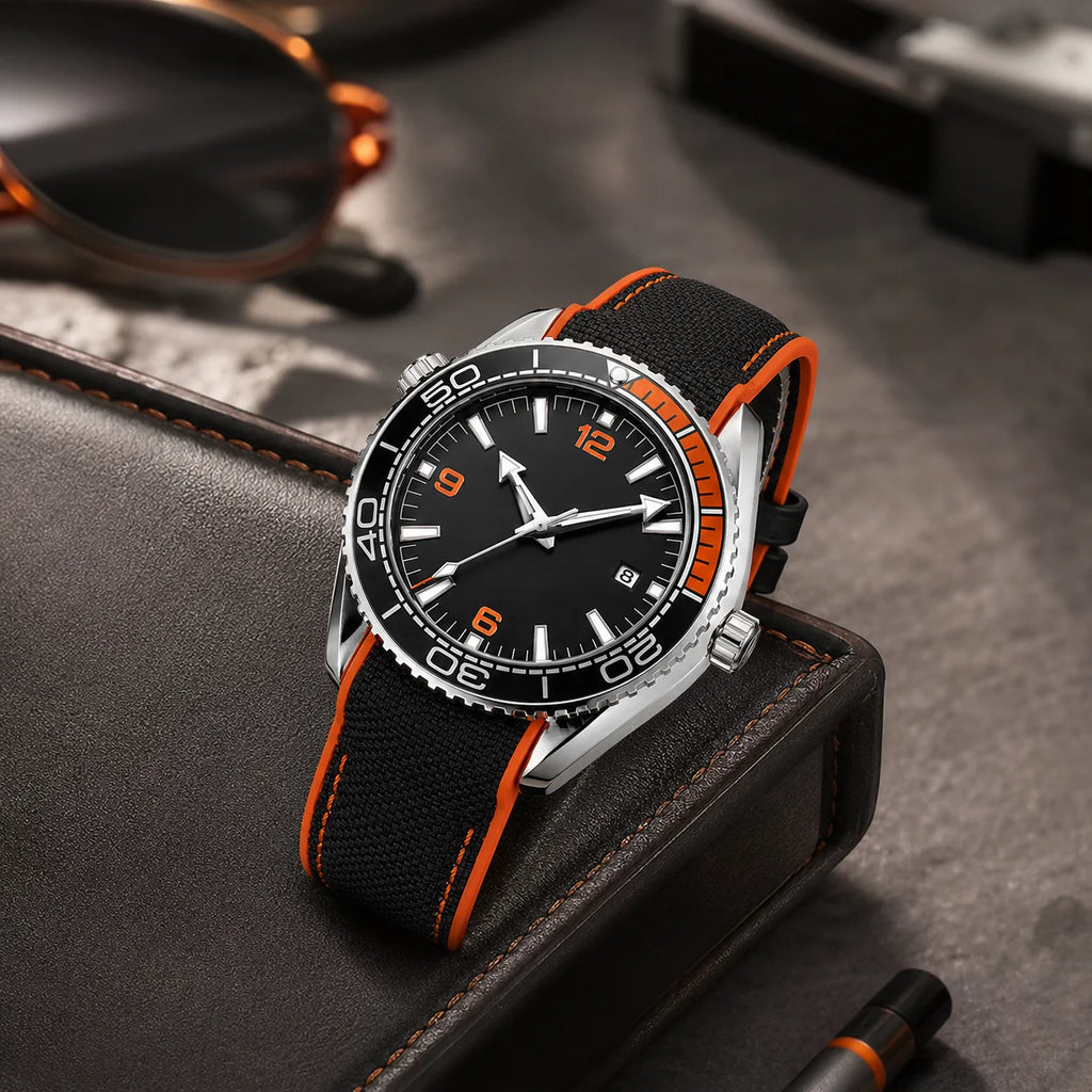 Hippocampus-Style Men's Quartz Watch Dial 45mm 30M Water Resistant Calendar Luminous Hands Nylon Band Hidden Clasp Pointer