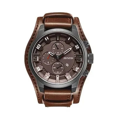Men's Sport Quartz Watch Stainless Steel Case Leather Strap Mineral-reinforced Glass Pointer Dial Faux Six-Pin Calendar 30M