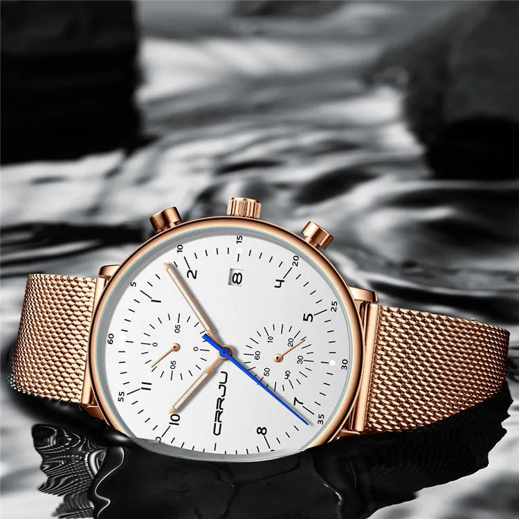 Men's Sports Watch Pearl Quartz Movement Stainless Steel 30M Water Resistant Fashionable Multifunctional Six-Hand Mesh Strap