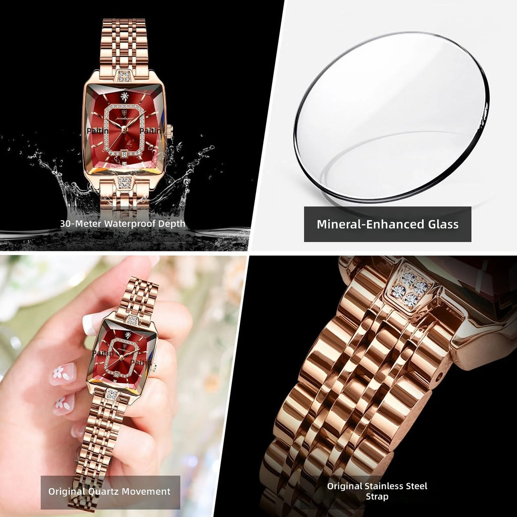 Brand Square Ladies Watch Stainless Steel Band Alloy Waterproof Quartz Movement 30M Water Resistant Luxury Fashion Pointer