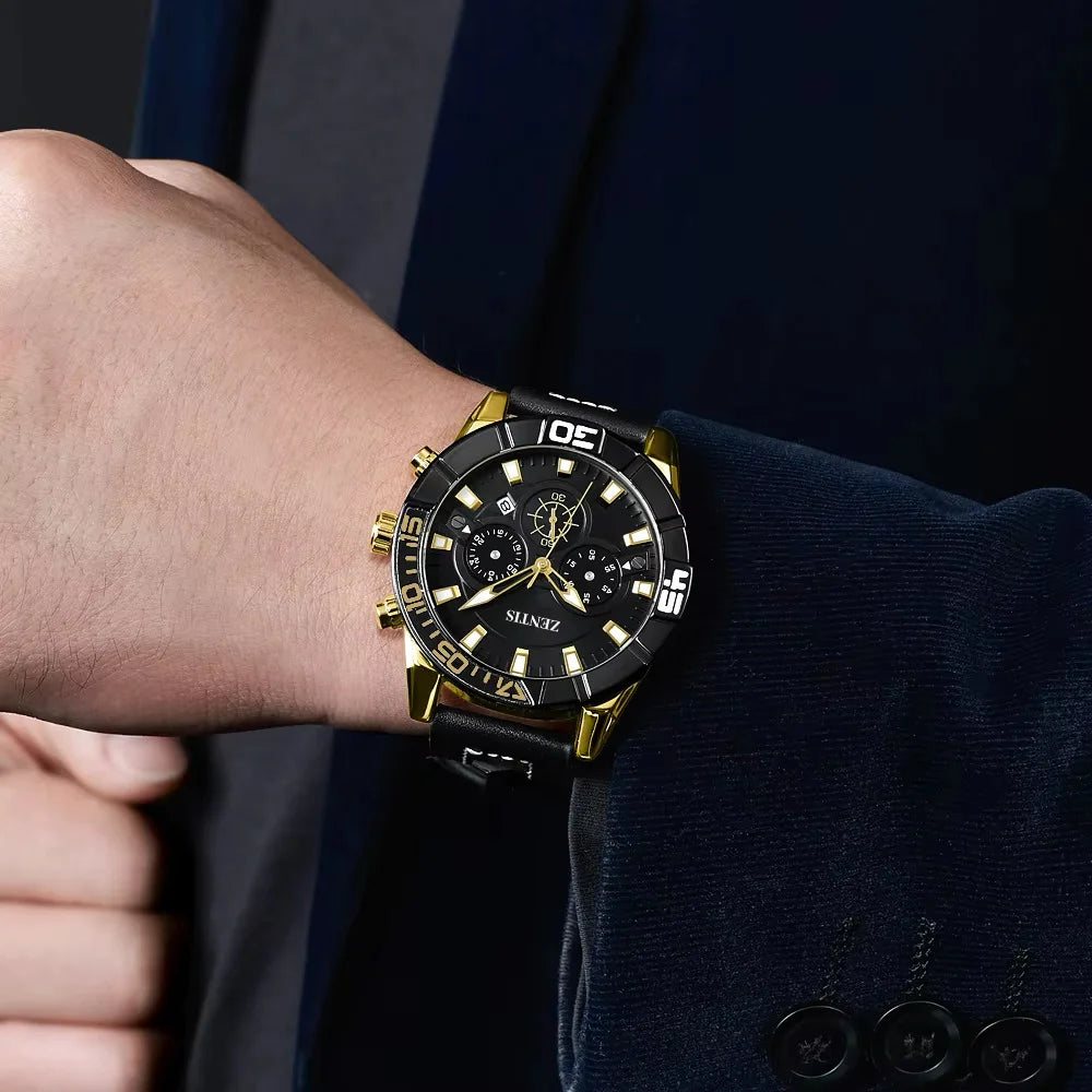 Cross-border Hot Selling Men's Sport Rotatable Diving Circle Multifunctional Chronograph Pointer Alloy Quartz Leather Waterproof
