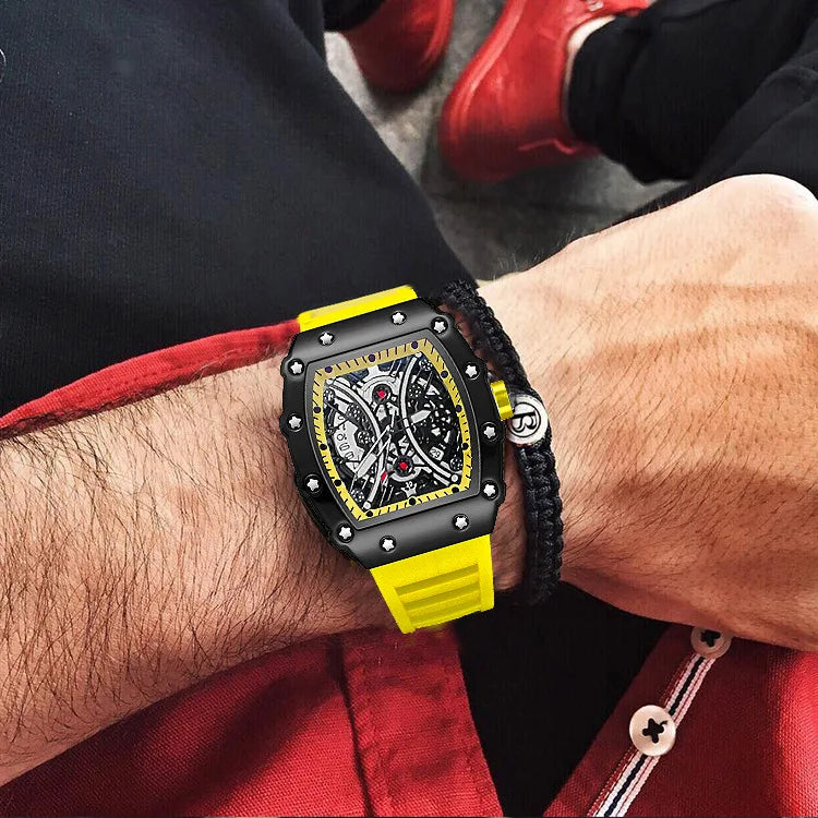 Casual Fashionable Trendy Fully Automatic Quartz Silicone Band Pointer Dial Luminous 43mm Alloy Barrel-shaped Mens Watch