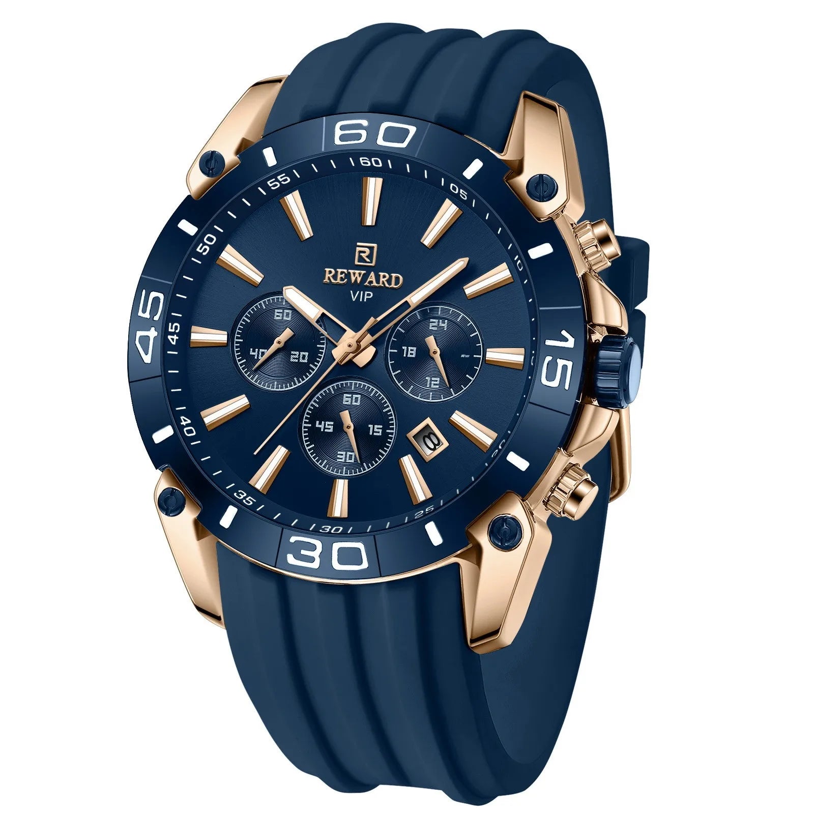 Mens Quartz Chronograph Sports Watch 45mm Dial Silicone Band Alloy Case 12mm Skin-Friendly Three-Subdial Six-Hand Pointer
