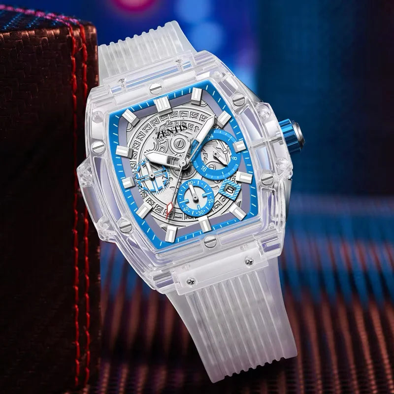 Transparent Case Square Luminous Quartz Movement Pointer Dial Men's Fashion Watch Alloy Case Plastic Band
