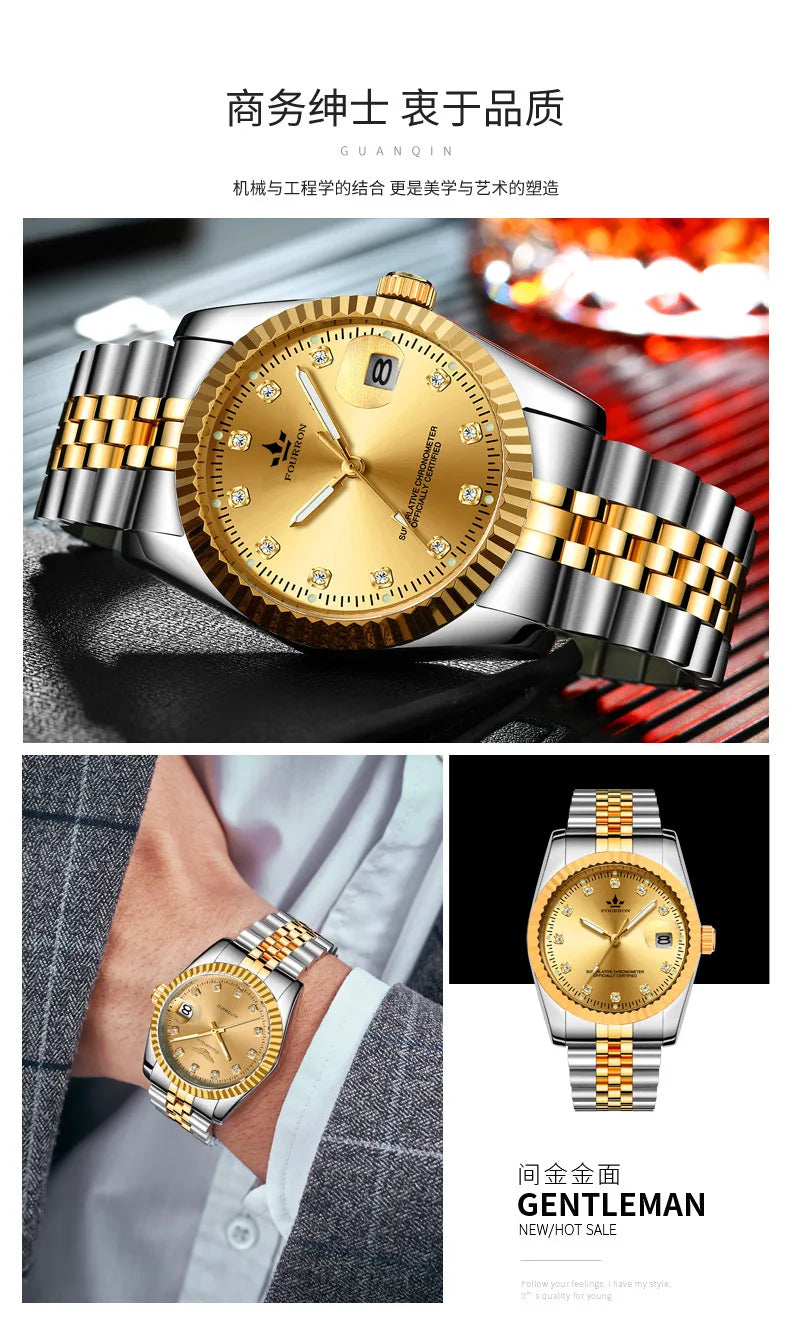 Men's Luxury Quartz Luminous Watch Calendar Function Stainless Steel Bracelet 10m Water Resistant 40mm