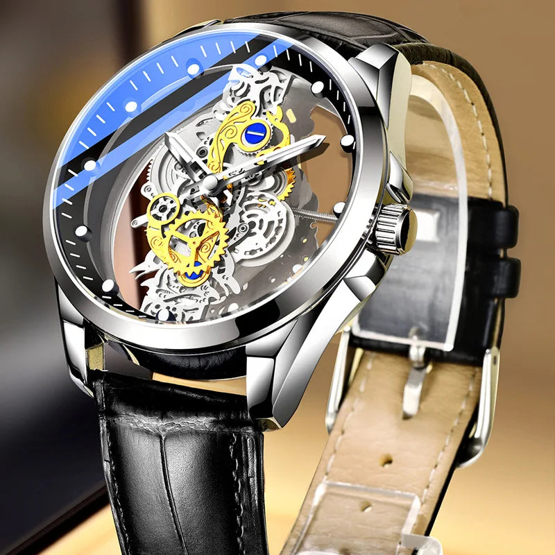 Double-Sided Transparent Hollow-Out Fully Automatic Men's Quartz Watch Stainless Steel 42mm 10mm Luminous Waterproof TikTok New