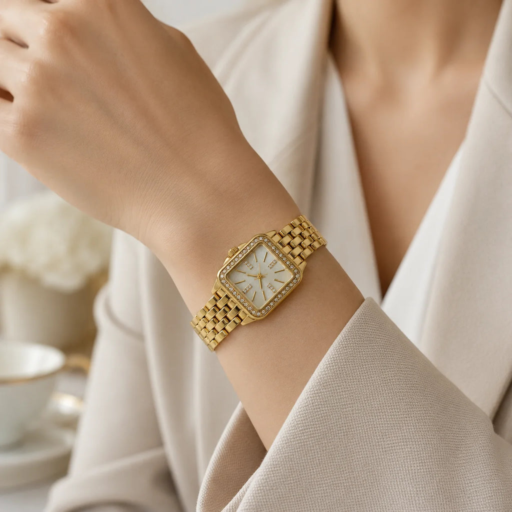 OEM Custom Logo Ladies Vintage Fashion Quartz Splash Resistant Rectangle Alloy Case Jewelry Clasp Watch Glass/PP Stone Dial Gift