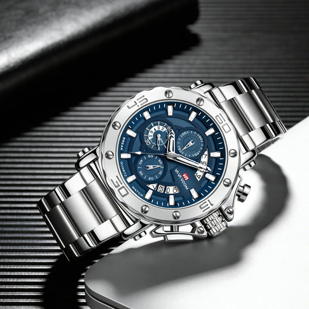 Cross-border New Style Alloy Stainless Steel Band Three-eye Large Watch Multifunctional Three-hand Timing 30M Water Resistant