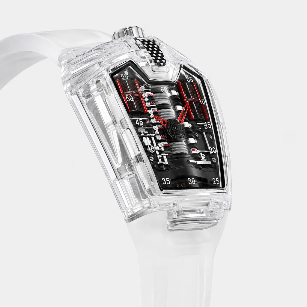 Transparent Men's Sport Watch 45mm Mineral-Strengthened Glass Silicone Band Quartz Movement Elegance Daily Use Business Acrylic