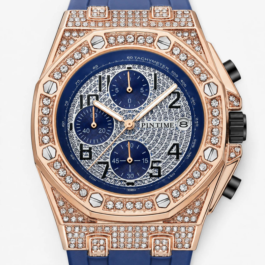 Men's Vintage Quartz Watch Alloy Diamond Accents Chronograph Function Pointer Luminous Movement Large Silicone Band 30M Water