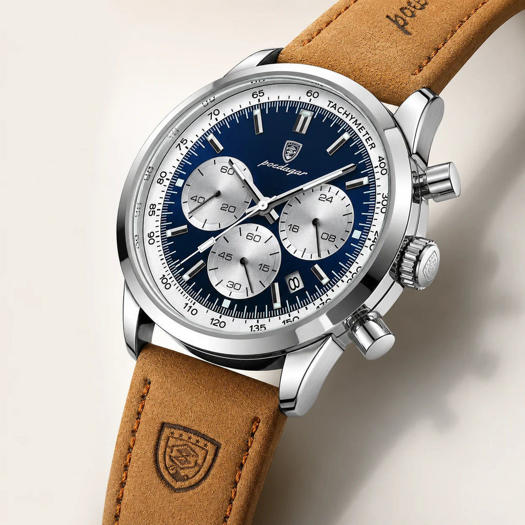 Brand New Men's Quartz Wristwatch Alloy 41mm Leather Strap Chronograph Pointer Dial 50m Water Resistant