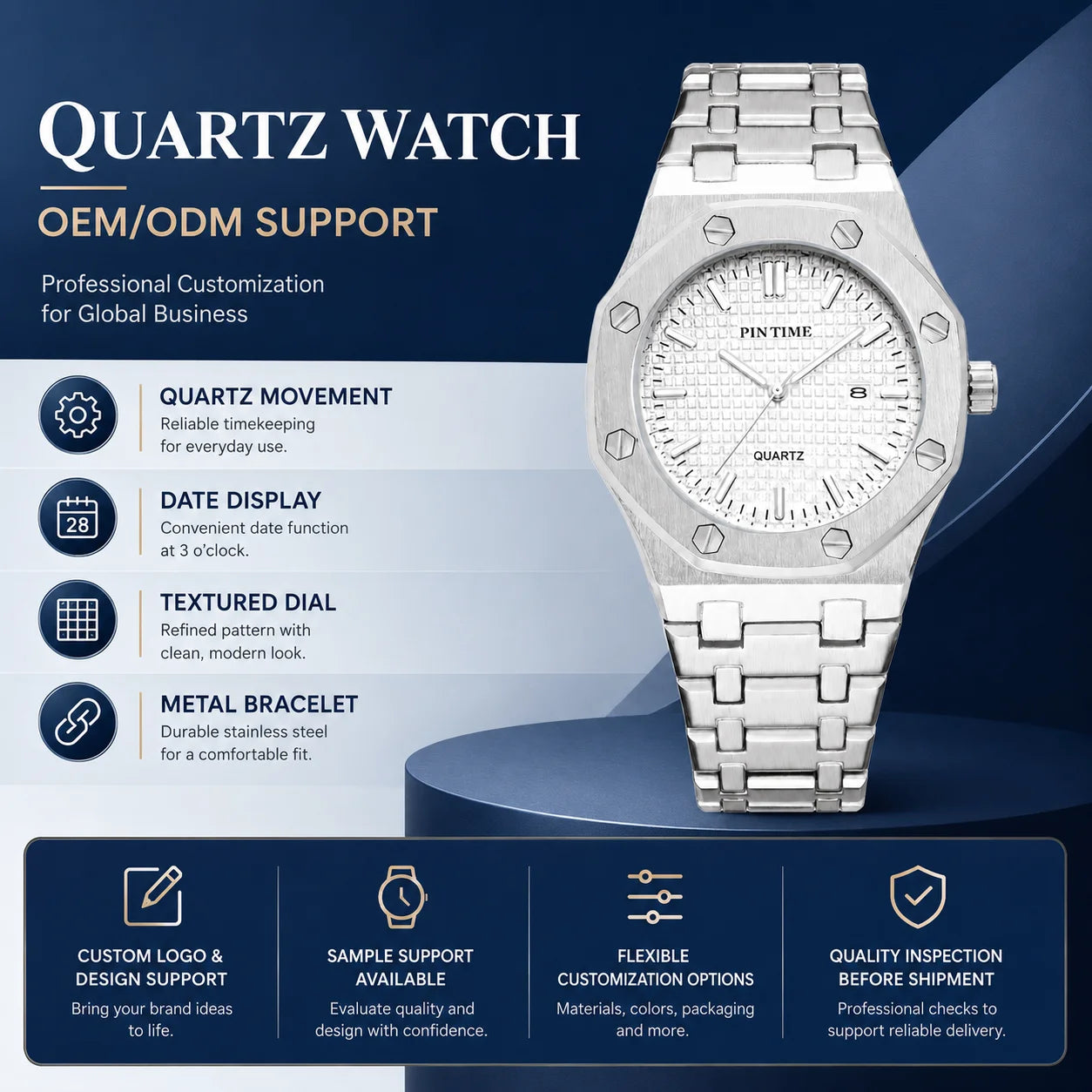 Mens Luxury Quartz Watch Drop Shipping; 41mm Octagonal Alloy Case Alloy Band; 30M Water Resistant Pointer Dial