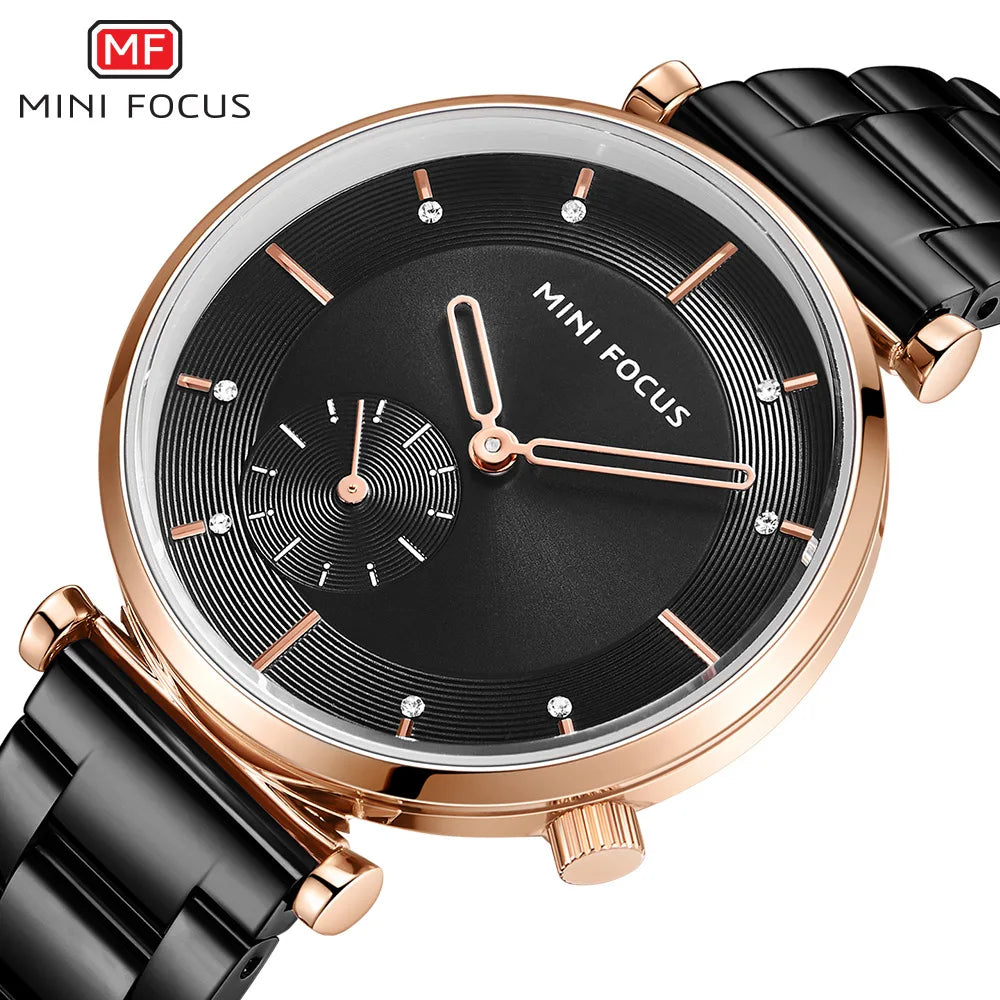 Minimalist Fashion Women's Quartz Watch Alloy Case Stainless Steel Band 30M Water Resistant Diamond-Encrusted 16mm Pointer Dial