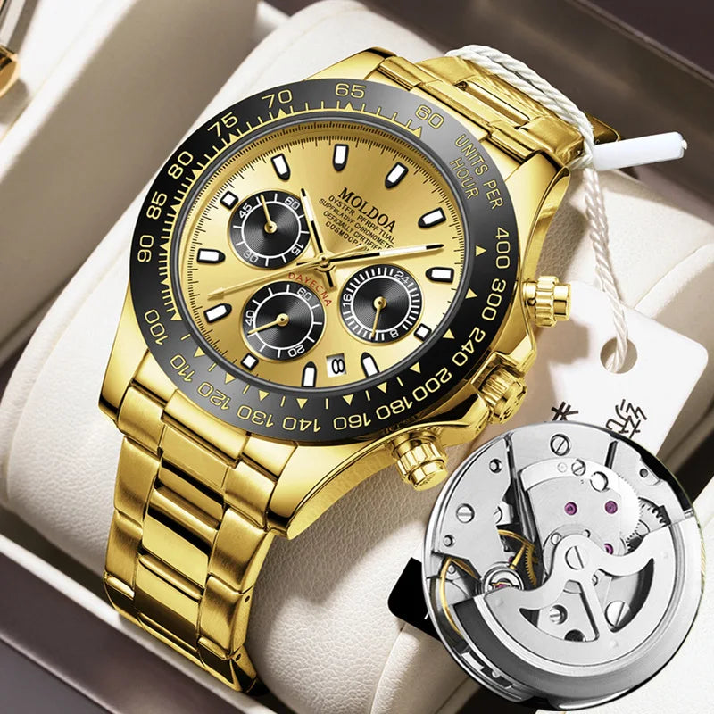 Golden DidiWenle Hollow Quartz Mechanical Watch Men's Luminous Calendar Pointer Acrylic Band Waterproof Alloy Case TikTok