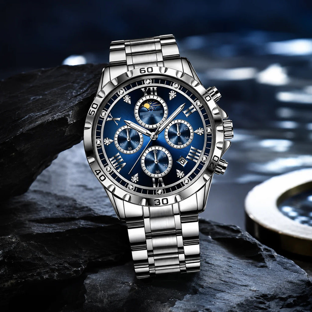 Men's Watch Luminous Quartz Movement Stainless Steel Band Alloy Case Pointer Dial Hidden Clasp 30M Water Resistant